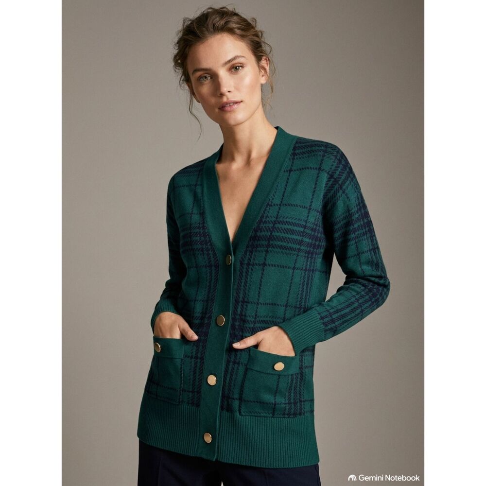 LOFT Women's Plaid Cardigan XS Green Black Gold Button Academia Old Money Preppy